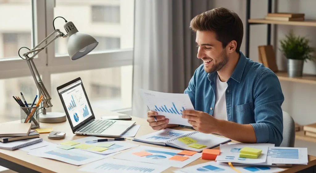 Jovem sorridente estudando suas finanças com laptop, notas e planilhas, transmitindo investir e administrar com confiança