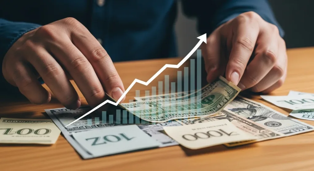 Cena de mãos organizando moedas e notas, com gráfico ascendente ao fundo, simbolizando master your money the