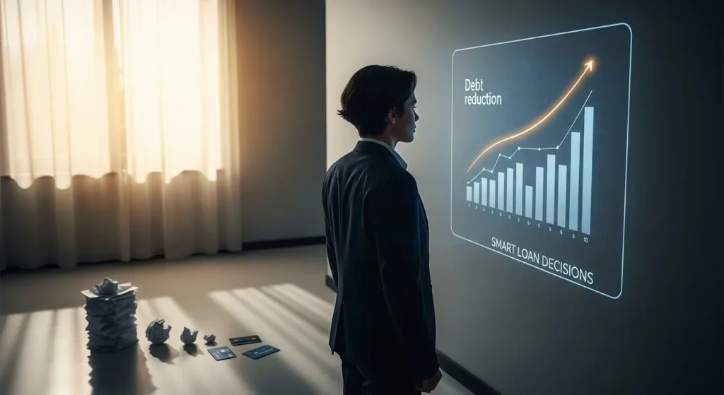 Cena de escritório com pessoa de terno observando tela holográfica com gráficos de dívida e progresso, simbolizando mastering debt practical step