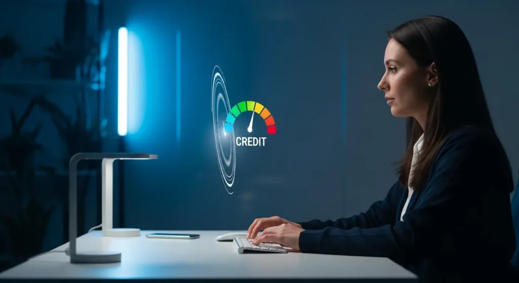 Cena minimalista em escritório moderno com medidor de crédito flutuante, demonstrando análise de FICO score vs. VantageScore e componentes do relatório de crédito