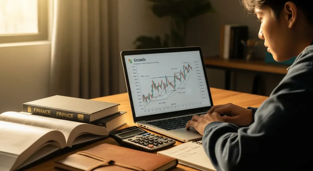 Cena de uma pessoa jovem estudando gráfico de investimentos com livros e ferramentas financeiras para aprender investing fundamentals for beginners