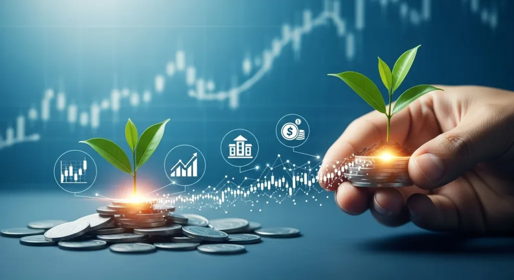 Cena moderna com tipos of investments for beginners, destaque para uma planta surgindo de moedas e ícones de investimentos