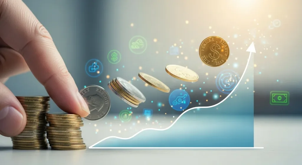 Mão segurando moedas douradas e prateadas caindo sobre gráfico ascendente, simbolizando investment strategy for beginners