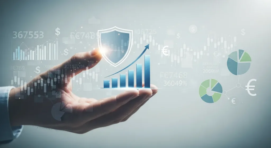 Mão segura um gráfico de barras com escudo translúcido, simbolizando gerenciamento de risco de investimento para iniciantes