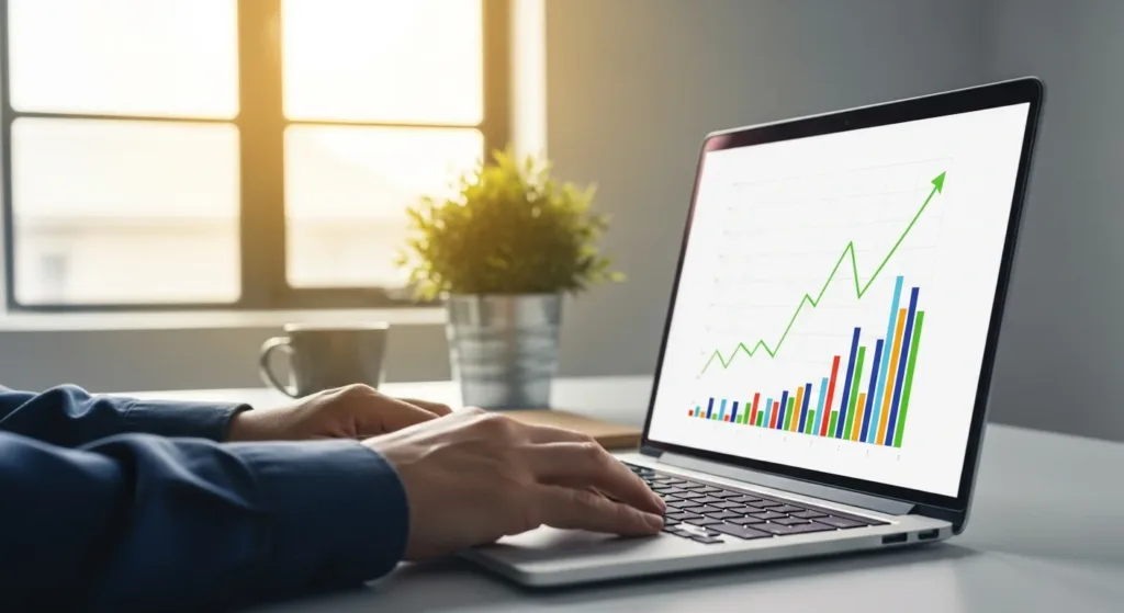 Cena de escritório minimalista com mão no teclado de laptop, gráfico financeiro e ambiente tranquilo para iniciantes em abrir conta de corretora