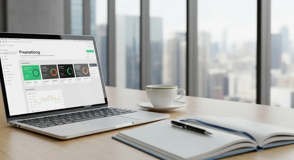 Cena de uma mesa com laptop, coffee cup e bloco de anotações, fundo de sala com janelas mostrando a cidade, rascunho automático