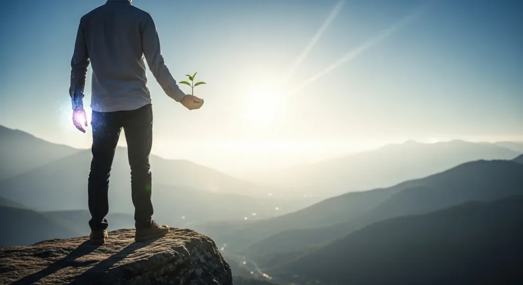 Indivíduo no penhasco com vista para o vale, segurando uma planta germinando, símbolo de wealth mindset principles e crescimento
