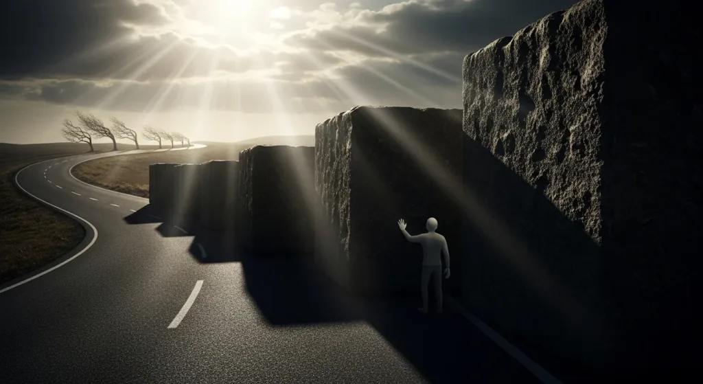 Figura estilizada diante de blocos de pedra representando crenças limitantes sobre dinheiro na estrada para a liberdade financeira