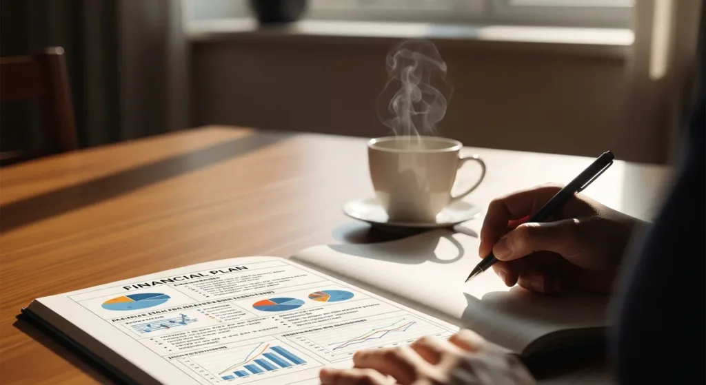 Mesa de café da manhã com hábitos for wealth mindset, mão escrevendo plano financeiro, ambiente calmo com luz natural