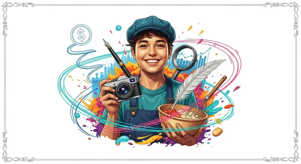 Pessoa jovem sorridente segurando ferramentas que representam talentos, com elementos gráficos vibrantes sobre renda extra