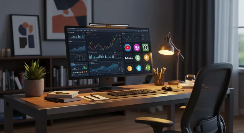 Imagem realista de um ambiente de casa com computador exibindo gráficos de crescimento e ícones de digital side hustles how