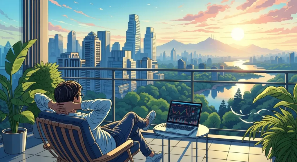 Pessoa relaxada em varanda moderna com laptop, simbolizando unlock financial freedom your