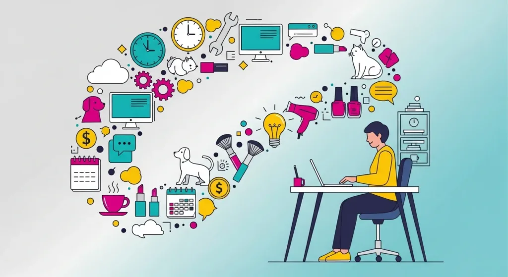 Ilustração vibrante de alguém em home office rodeado por ícones de serviços, simbolizando oportunidades ao desbloquear seu potencial de ganho