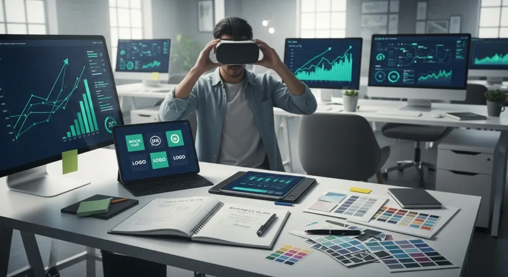 Cena moderna de escritório com telas de gráficos, ferramentas de branding e uma pessoa usando realidade virtual, representam from side project to
