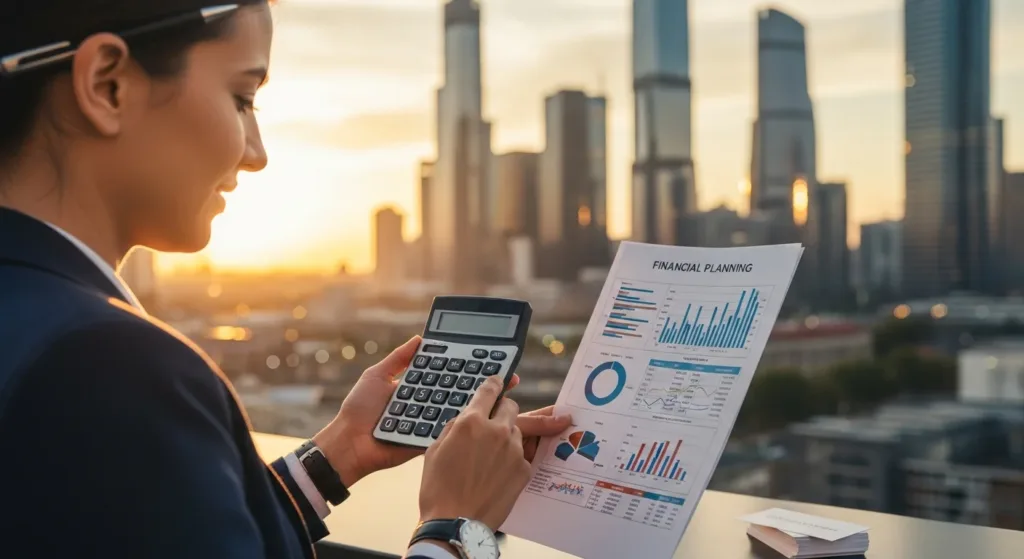 Pessoa com calculadora e papéis financeiros na cidade moderna ao pôr do sol, rascunho automático