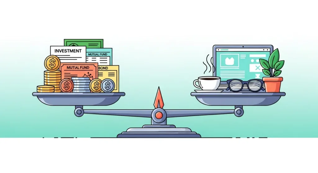 Ilustração de uma balança com moedas, papéis de investimento, uma xícara de café e equipamentos de trabalho, simbolizando o rascunho automático entre finanças e estilo de vida