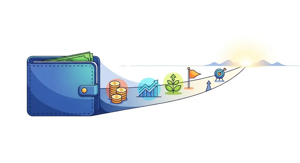Ilustração horizontal de uma carteira estilizada se transformando em caminho rumo ao horizonte, simbolizando estratégias de fire-budgeting-strategies para independência financeira.