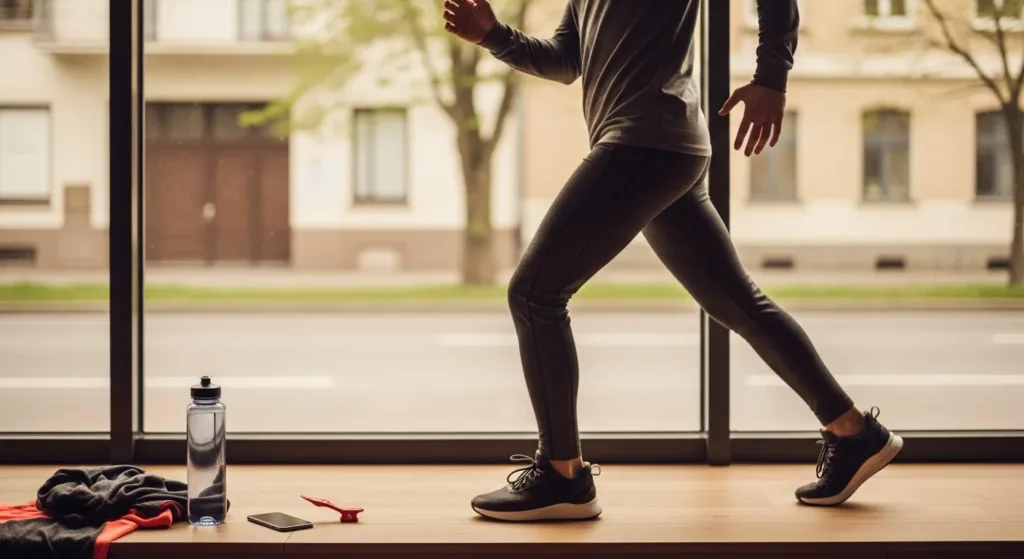 Pessoa realizando alongamento matinal com itens de rotina, luz natural e vista tranquila ao fundo