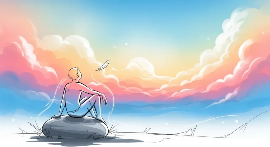 Figura estilizada sentada em uma pedra, simbolizando libertação emocional com leveza e introspecção.