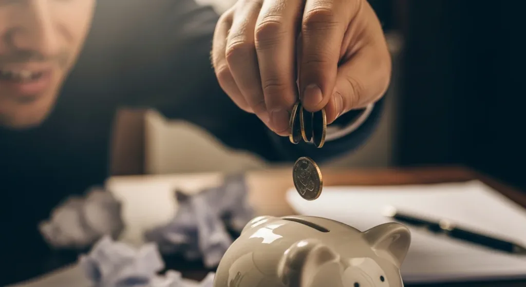 Close-up de uma mão jogando moedas em um cofrinho, ilustrando psicologia dinheiro Lições com fundos desfocados.